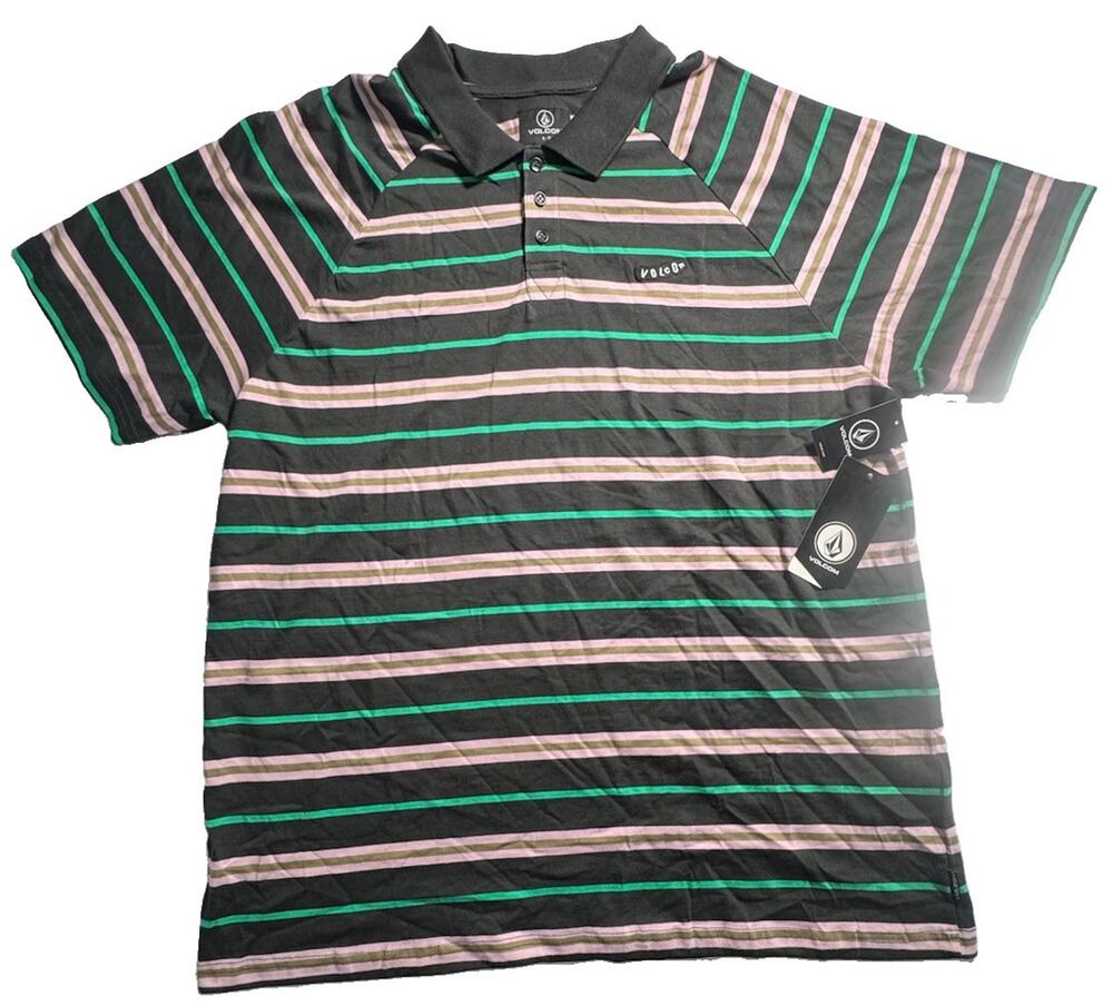 Volcom Men’s XL Edges Polo Shirt Striped Black Green Pink 100% Cotton NWT